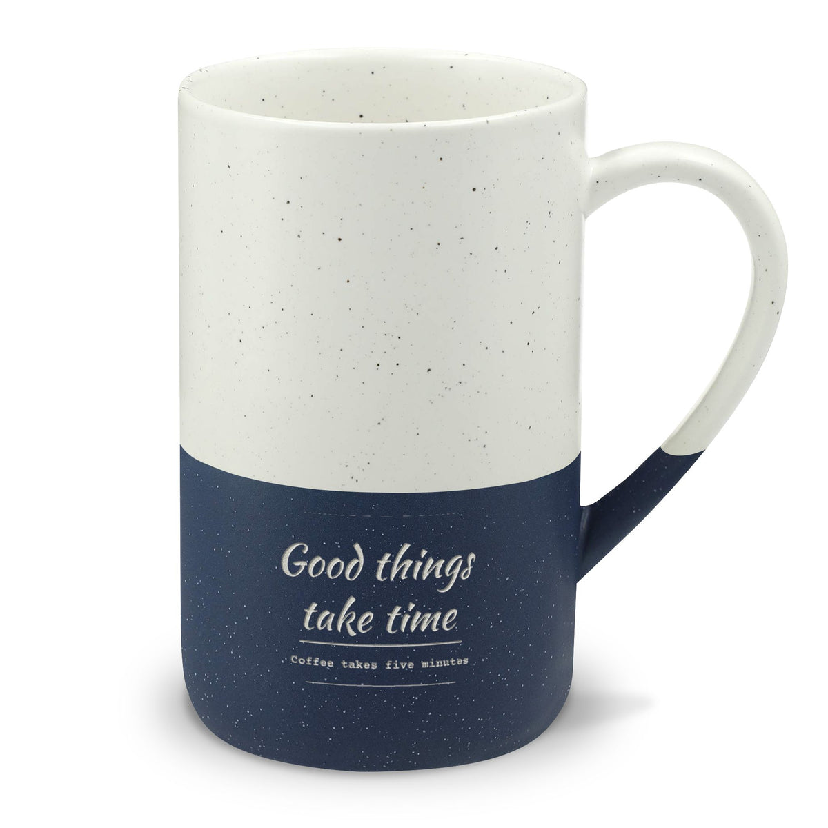 Speckled Ceramic Mug — “Good Things Take Time” 13oz Engraved Coffee Cup