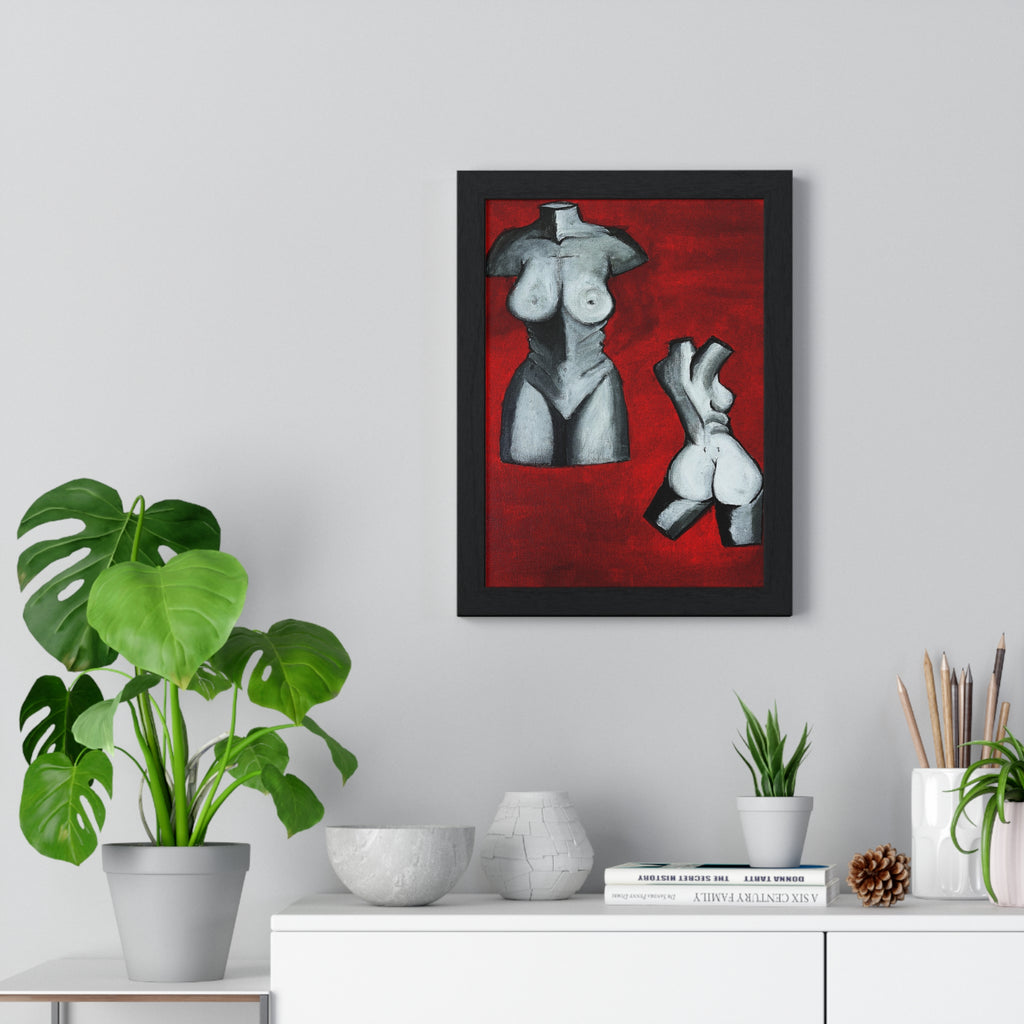 Framed Nude Torso Art Print — Modern Figurative Poster on Red Background