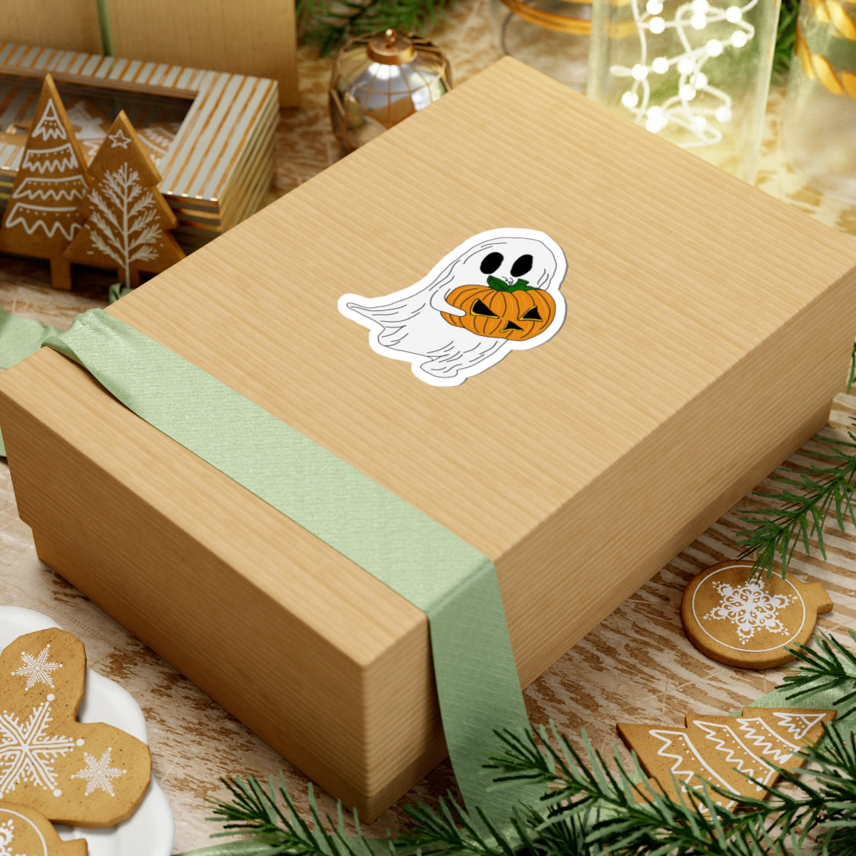 Cute Halloween Ghost Pumpkin Kiss-Cut Sticker