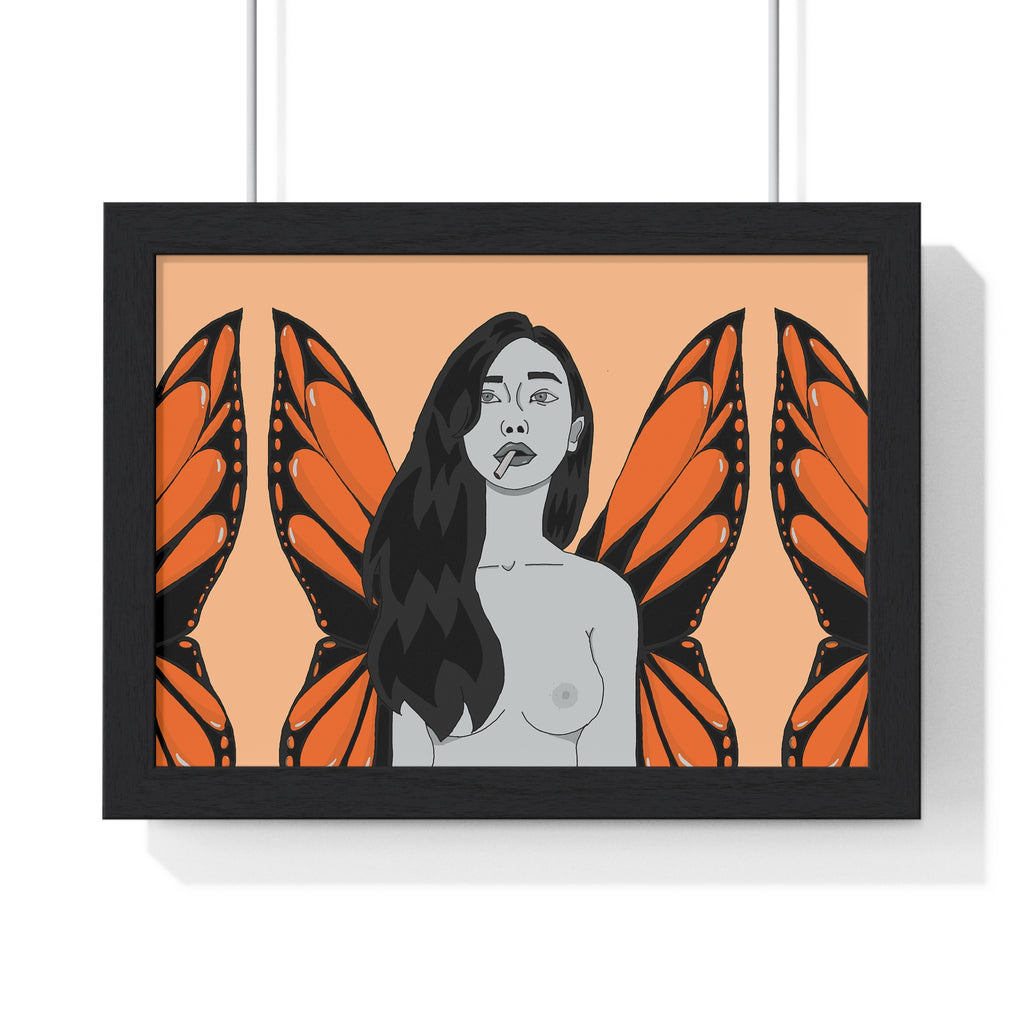 Butterfly Woman Framed Poster — Surreal Orange Monarch Wall Art