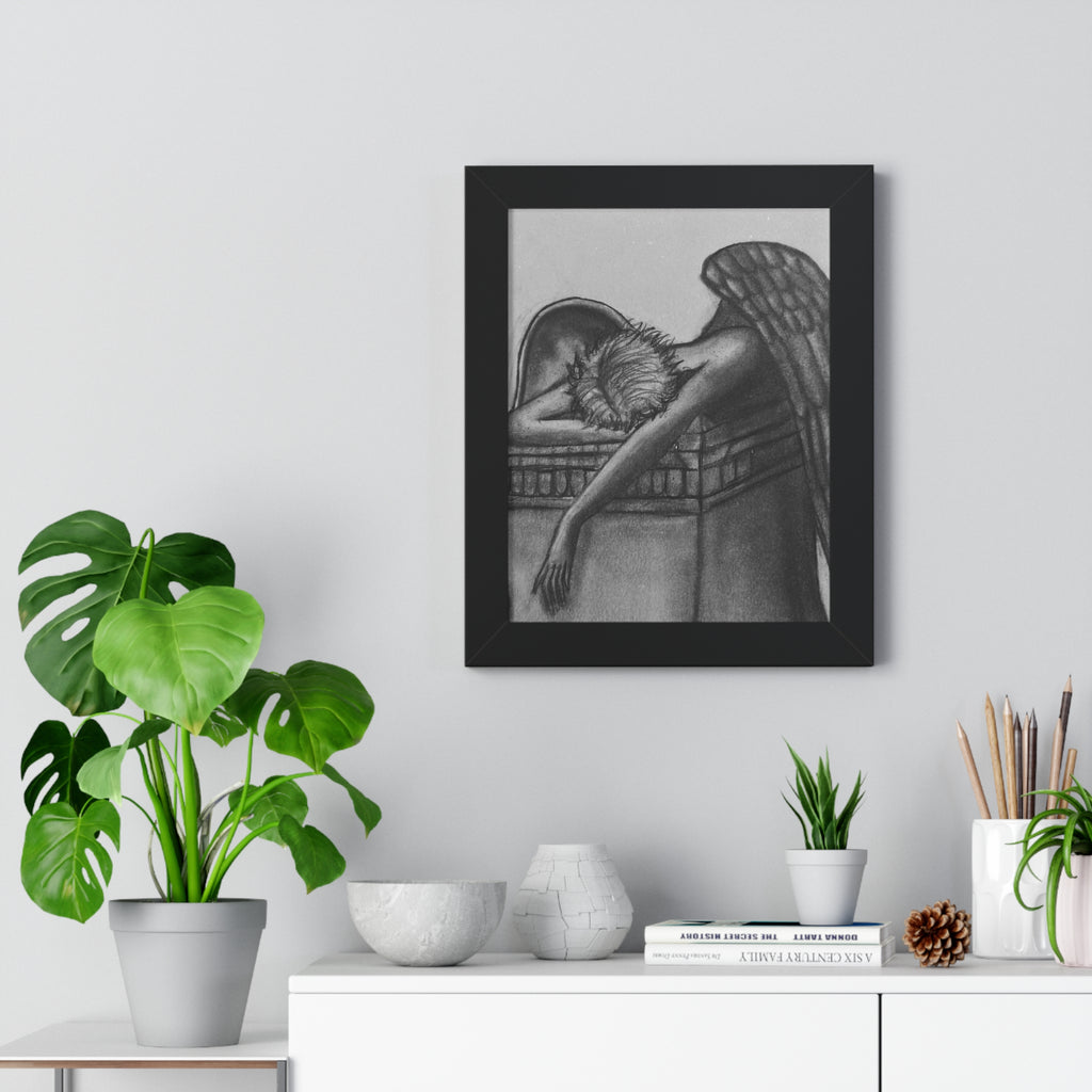Framed Poster — Melancholic Sleeping Angel Charcoal Print
