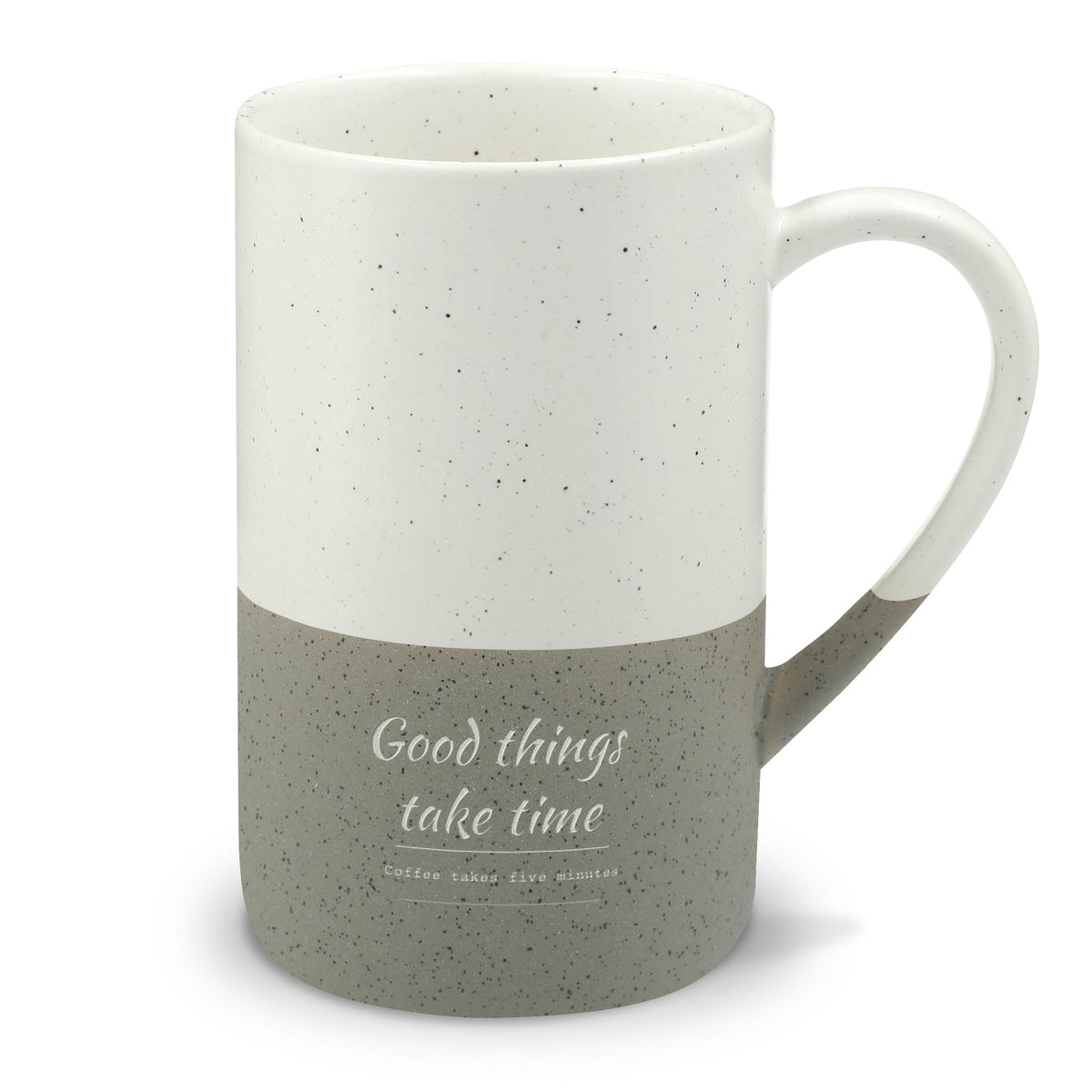 Speckled Ceramic Mug — “Good Things Take Time” 13oz Engraved Coffee Cup