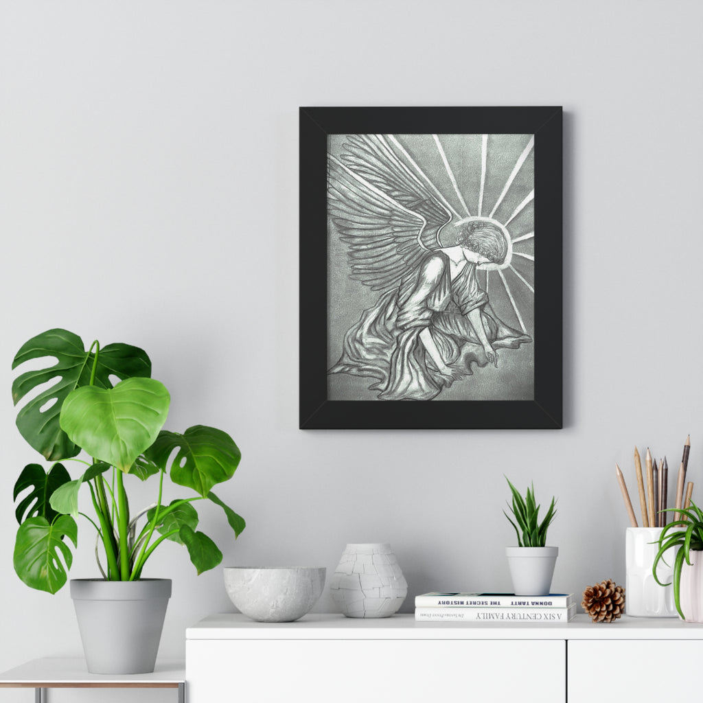 Framed Vertical Poster - Kneeling Angel Art Print (Black Frame)