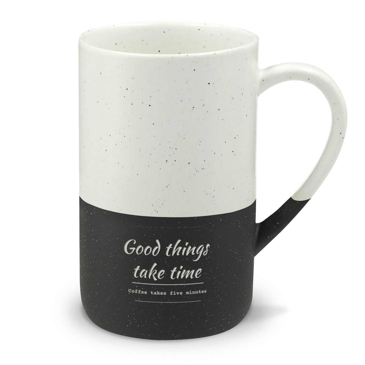 Speckled Ceramic Mug — “Good Things Take Time” 13oz Engraved Coffee Cup