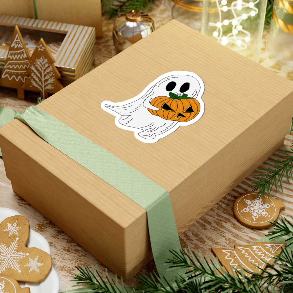 Cute Halloween Ghost Pumpkin Kiss-Cut Sticker