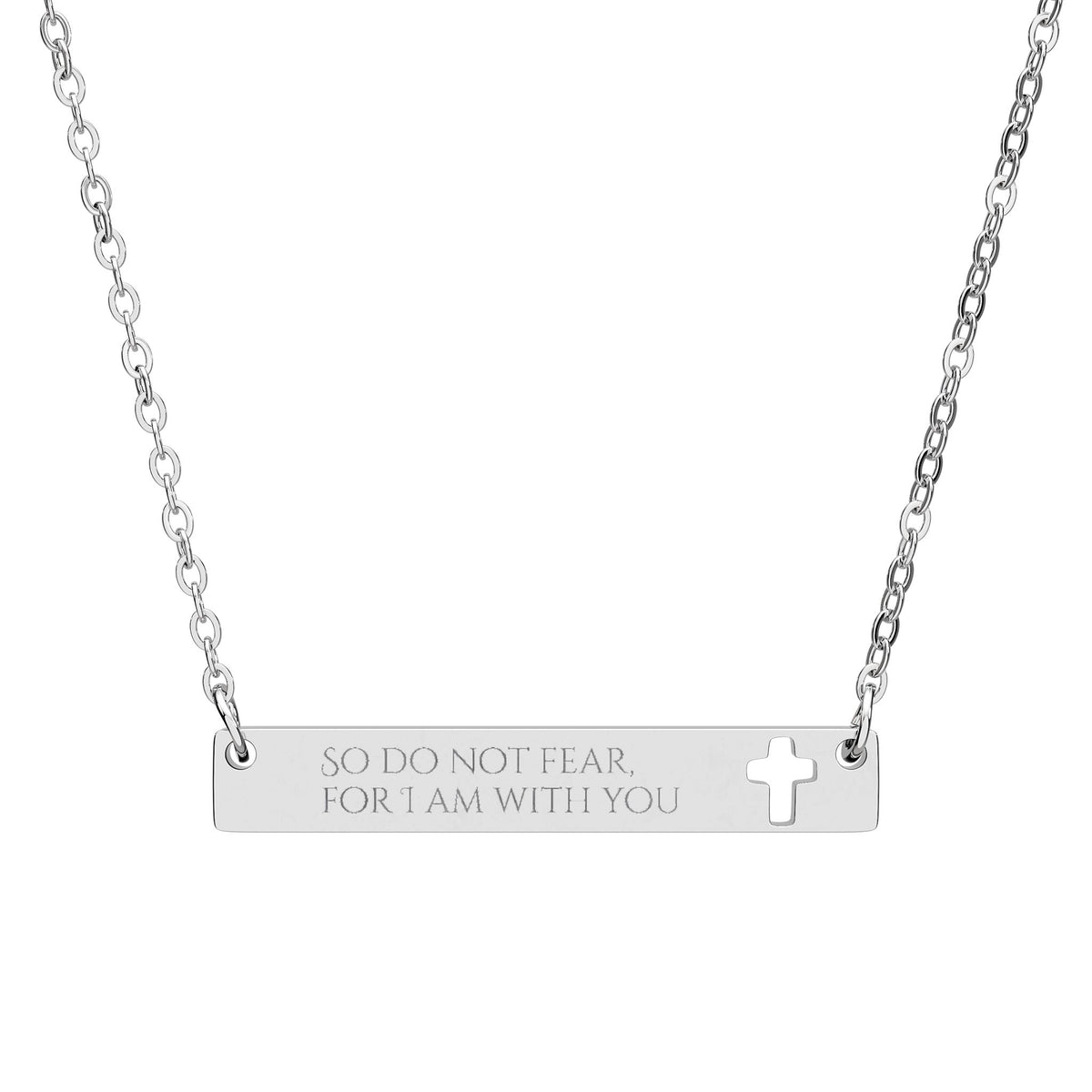 Engraved Cross Bar Necklace — Isaiah 41:10