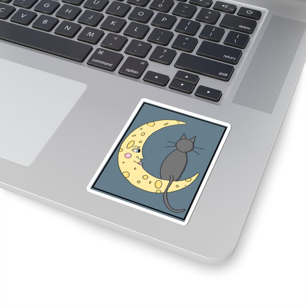 Cat on Crescent Moon Sticker — Cute Night Sky Kiss-Cut Sticker