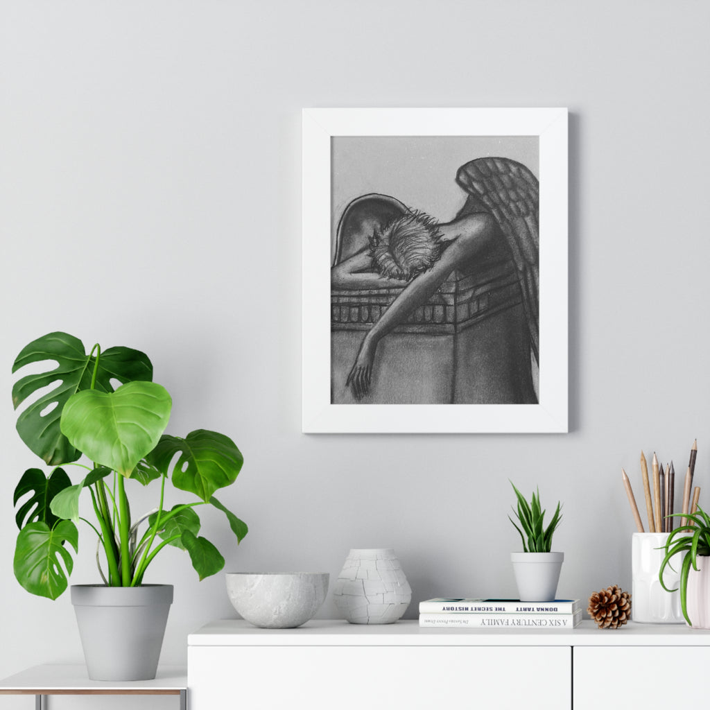 Framed Poster — Melancholic Sleeping Angel Charcoal Print