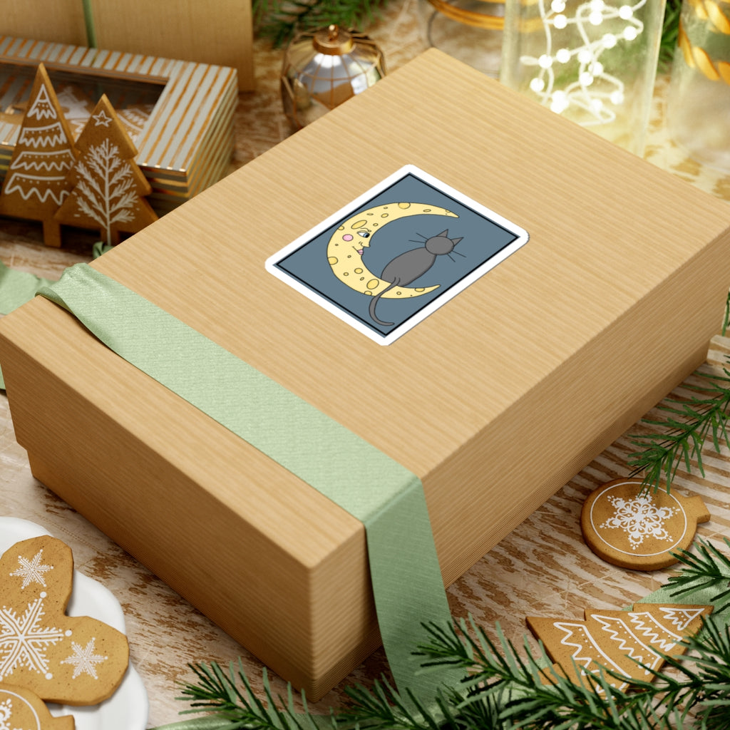 Cat on Crescent Moon Sticker — Cute Night Sky Kiss-Cut Sticker