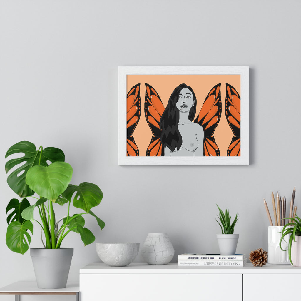 Butterfly Woman Framed Poster — Surreal Orange Monarch Wall Art