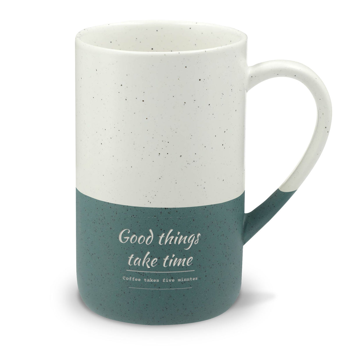 Speckled Ceramic Mug — “Good Things Take Time” 13oz Engraved Coffee Cup