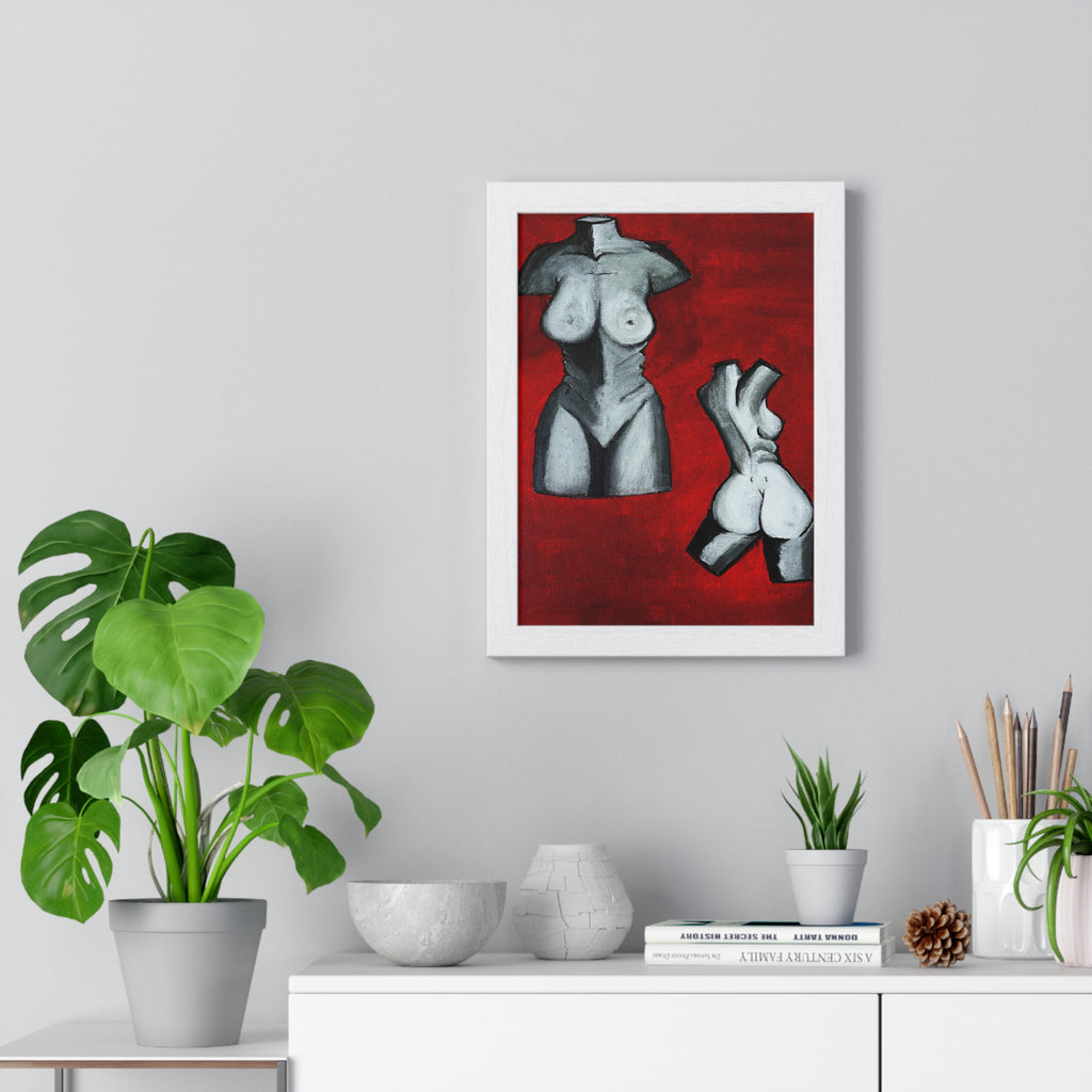 Framed Nude Torso Art Print — Modern Figurative Poster on Red Background
