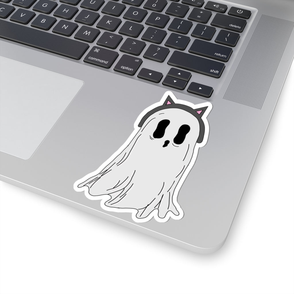 Cute Ghost Sticker — Cat-Ear Ghost Kiss-Cut Vinyl Sticker (Halloween, Laptop & Water Bottle Decal)