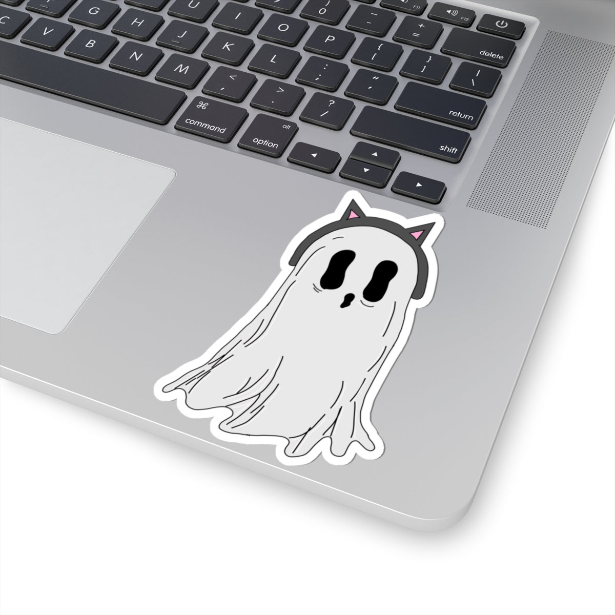Cute Ghost Sticker — Cat-Ear Ghost Kiss-Cut Vinyl Sticker (Halloween, Laptop & Water Bottle Decal)