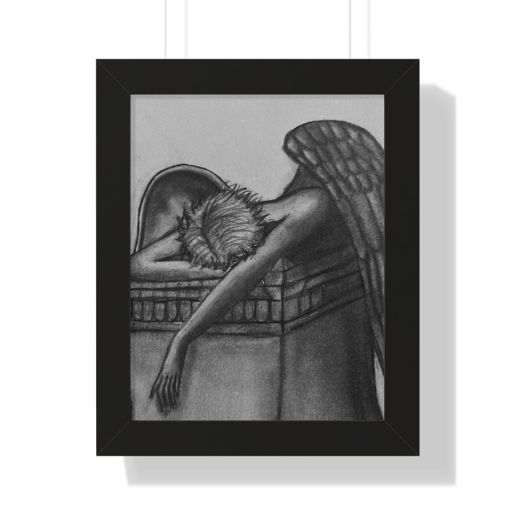 Framed Poster — Melancholic Sleeping Angel Charcoal Print