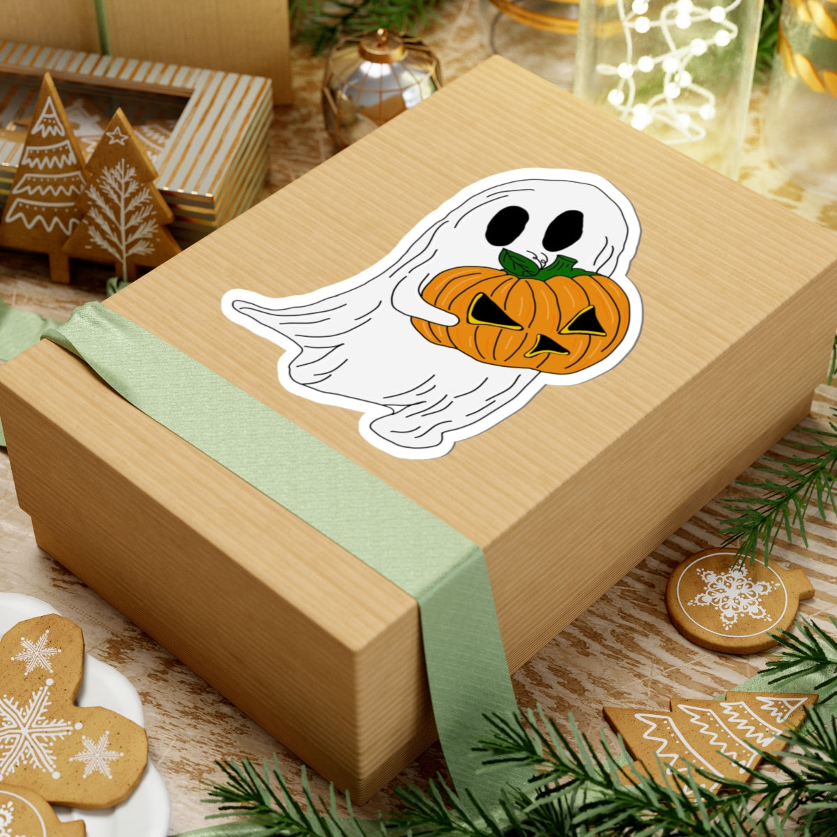 Cute Halloween Ghost Pumpkin Kiss-Cut Sticker