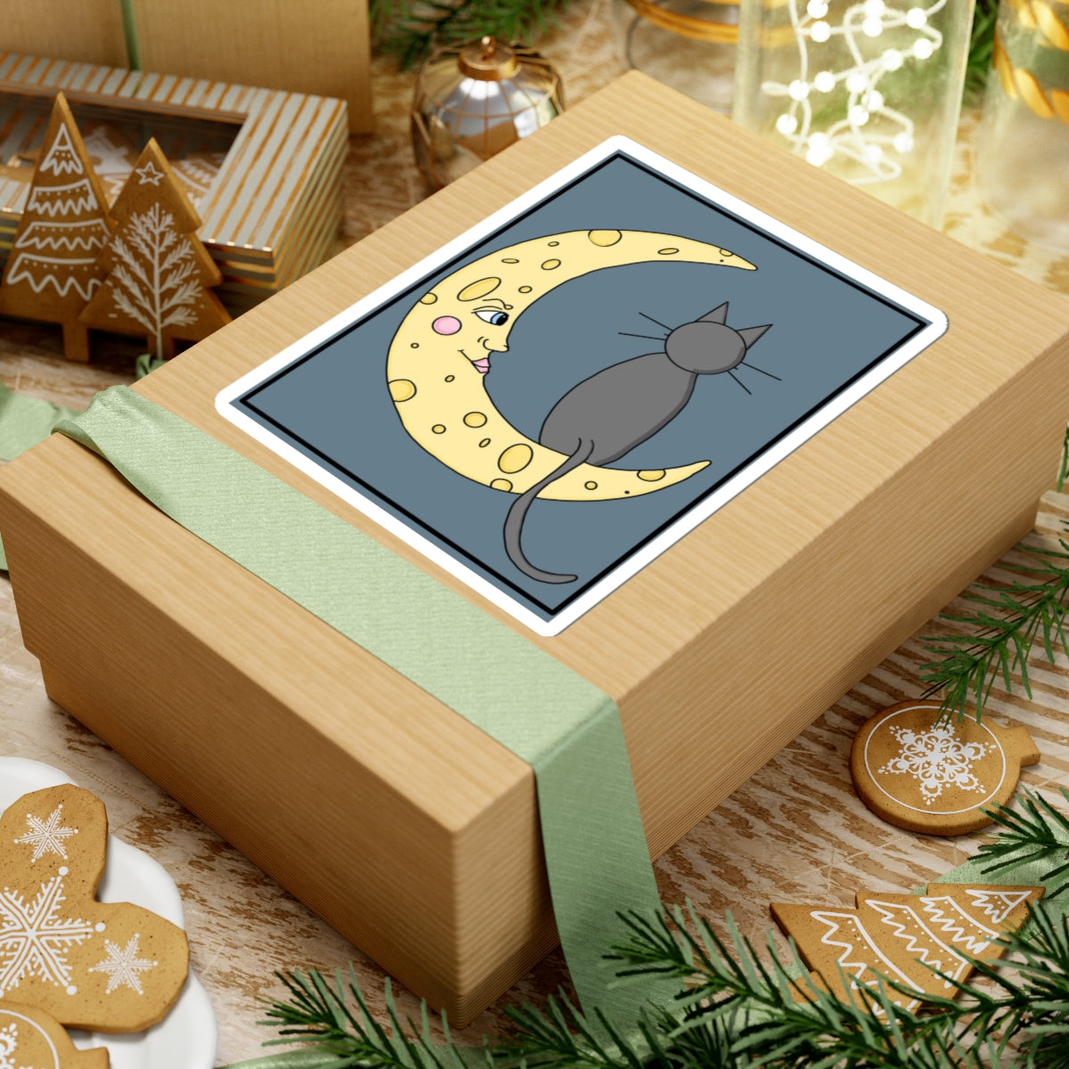 Cat on Crescent Moon Sticker — Cute Night Sky Kiss-Cut Sticker
