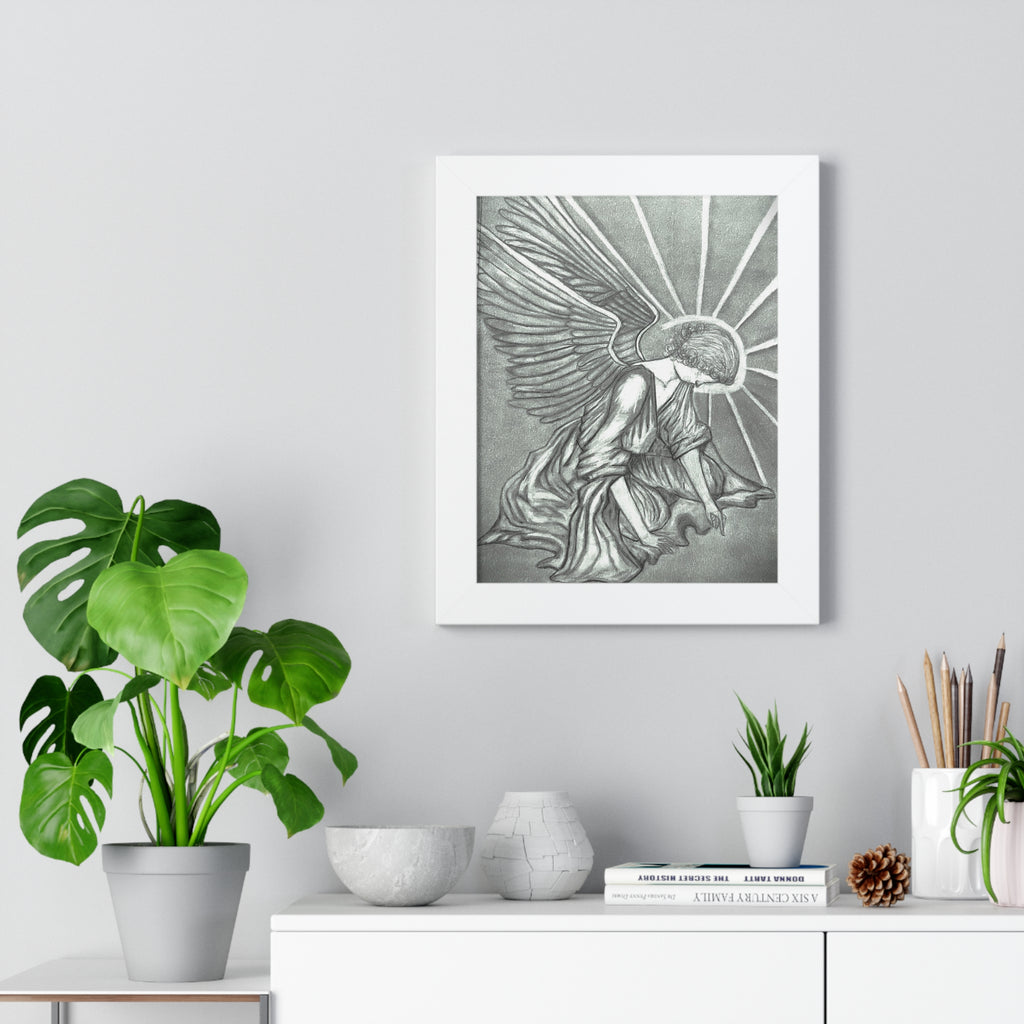 Framed Vertical Poster - Kneeling Angel Art Print (Black Frame)