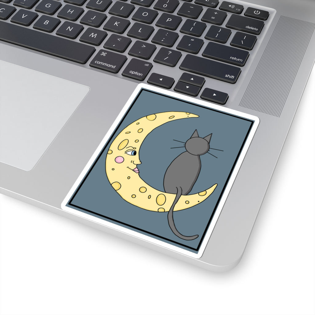 Cat on Crescent Moon Sticker — Cute Night Sky Kiss-Cut Sticker