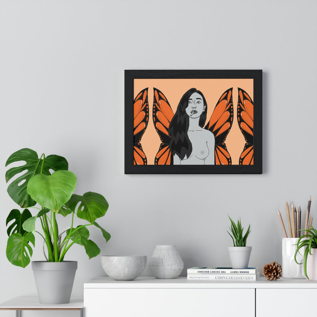 Butterfly Woman Framed Poster — Surreal Orange Monarch Wall Art